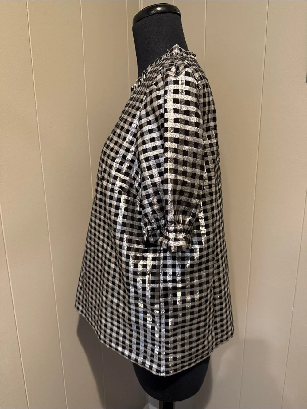 J. Crew Women’s Medium Black and Silver Gingham Puff-Sleeve Blouse